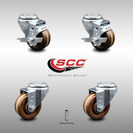Service Caster 3 Inch SS High Temp Phenolic Wheel Swivel Bolt Hole Caster Set with 2 Brake SCC SCC-SSBH20S314-PHSHT-2-TLB-2